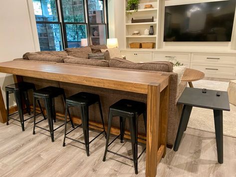 Parson's Bar / Console Table » Rogue Engineer Bar Table Behind Couch, Bar Behind Couch, Console Table With Stools, Table Behind Couch, Bar Console, Acnh Basement, Cave Basement, Remodel Basement, Behind Couch