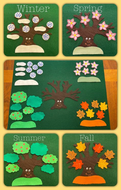 Set includes,  1 bare tree 1 snow patch 6 snowflakes 3 small snow patches 1 light green patch 6 blossom  1 dark green patch 6 summer foliage leaves 1 orange patch 6 fall coloured leaves 1 laminated copy of the Rhyme  *The tree can be made with a face or without.  Please send a message letting me know if you would like a face on your tree. If you don't specify, then the tree will be left blank. ✨Felt Board Not included ✨SHIPPING INFORMATION✨ *  Packages are sent via Canada Post letter mail standa Diy Felt Board, Class Aesthetic, Felt Story, Flannel Board Stories, Felt Board Stories, Felt Stories, Flannel Board, Seasons Winter, Daycare Activities