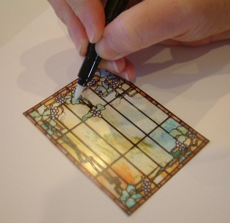 Artfully Musing: Tutorial - Creating a Stained Glass Look by Embossing Transparency Film Stained Glass Bookmark Diy, How To Stained Glass Tutorials, Mini Stained Glass Windows, Diy Miniature Stained Glass Window, Dollhouse Stained Glass Windows Diy, Diy Miniature Tiffany Lamp, Miniature Glass House, Doll House Furniture, Tiffany Stained Glass Smashing Stained Glass & Lighting