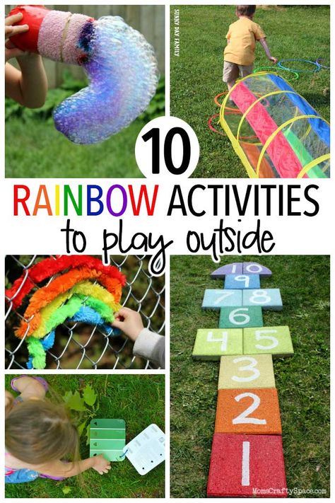 Rainbow themed outdoor activities for kids! Kids will love these colorful and fun ideas for backyard play that are all about rainbows - everything from rainbow bubbles to a rainbow obstacle course and more! Perfect for summer outdoor fun. Rainbow Party Games, All About Rainbows, August Activities, Playdate Ideas, Rainbow Games, Color Activity, Red Robins, Ideas For Backyard, Rainbow Activities