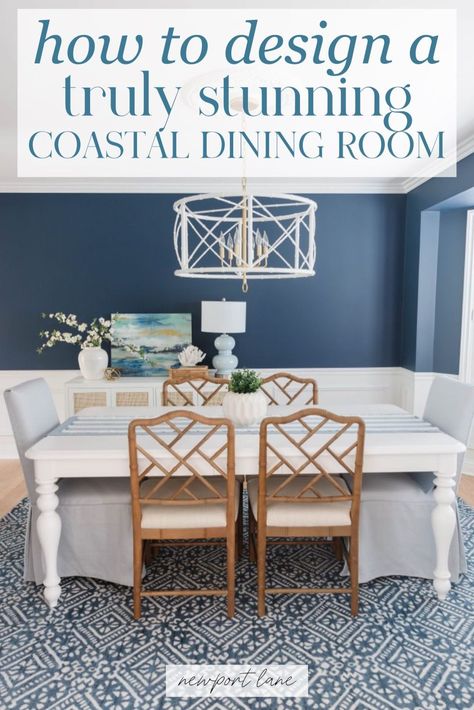 Elevate your dining space with Modern Coastal Dining Room concepts from our blog. Explore Coastal Dining Room Ideas that feature breezy decor, ocean-inspired colors, and modern touches. Whether you're renovating or redecorating, find the inspiration you need to bring a touch of the coast to your home. Blue Dining Room Furniture, Navy Blue Dining Room, Coastal Grandmillennial, Modern Coastal Dining, Coastal Dining Room Ideas, Modern Coastal Dining Room, Grandmillennial Decor, Coastal Dining Table, Coastal Dining Chairs