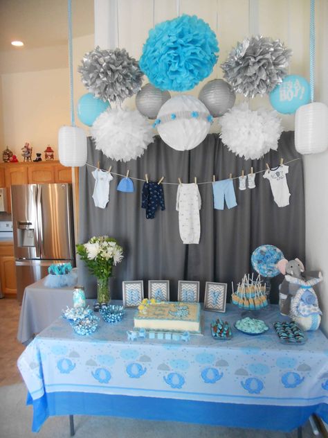 Table Decorations For Baby Shower Boy, Baby Shower Food Ideas For Boys, Baby Boy Elephant Shower Ideas, Simple Baby Shower Ideas For Boys, Sprinkle Baby Shower Ideas Boy, Oh Boy Baby Shower Ideas, Homemade Baby Shower Decorations, Blue Baby Shower Ideas, Baby Shower Centerpieces For Boys