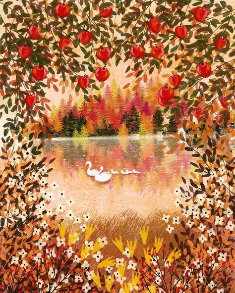 1st Of September, Fall Drawings, Start Drawing, Storybook Art, Red Orange Color, Have A Great Weekend, Autumn Painting, Landscape Illustration, Botanical Drawings