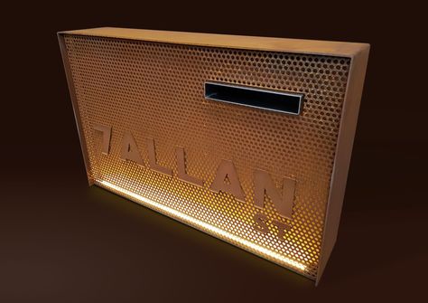 Custom made letterbox by Lump Studio with perforated details, laser cut address and illuminated backing. Mail Slot, Sheet Metal Fabrication, Laser Welding, Perforated Metal, Letter Box, Faux Finish, Corten Steel, Metal Fabrication, Custom Boxes