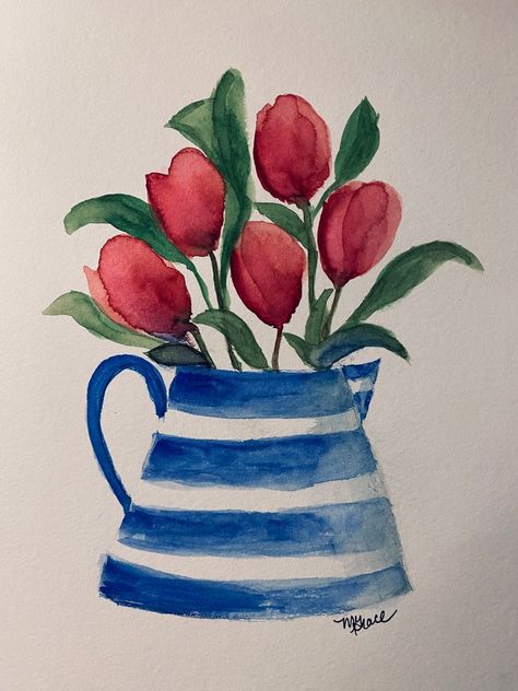 Watercolor Flowers In Vase Easy, Beginning Watercolor, Paintings Easy, Watercolor Paintings For Beginners, Flowers Paintings, Pottery Painting Designs, Diy Watercolor Painting, Watercolour Inspiration, Watercolor Paintings Easy