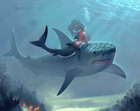 Shark And Mermaid, Shark Mermaid, Fantasy Wallpapers, Shark Girl, Shark Art, Underwater Art, Mermaid Pictures, Mermaid Aesthetic, Cute Shark