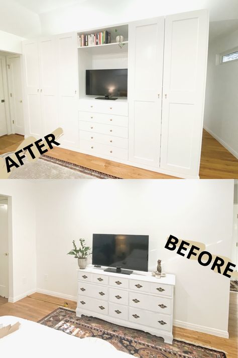 Ikea Wardrobe Hack With Tv, Ikea Drawer Built In, Closet Built Ins Bedroom, Ikea Built In Bedroom Storage, Ikea Wardrobe In Bedroom, Pax Wardrobe With Tv, Create A Closet Where There Is None, Custom Built Closet, Wall Built Ins Bedroom