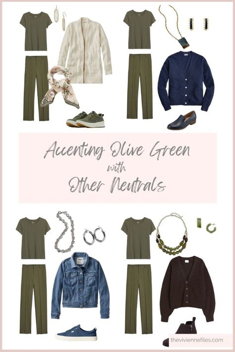 Olive Green Spring Outfits, Olive Colour Combinations, Ireland Spring, Olive Clothes, Olive Pants Outfit, Olive Green Outfit, Clothes Capsule Wardrobe, Packing Wardrobe, Olive Clothing