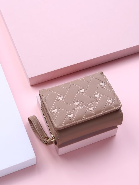 Khaki Preppy   PU Leather Heart Small Wallet    Women Bags Business Anniversary, Embroidery Purse, Preppy Bags, Wallet With Coin Pocket, Embroidery Hearts, Leather Heart, Heart Embroidery, Cute Wallets, Women Wallet