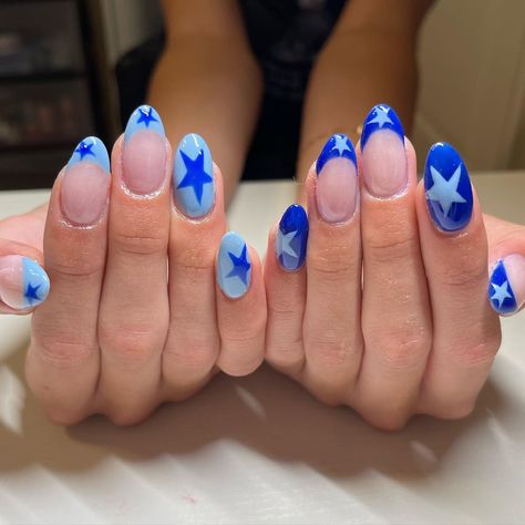 ASHLEY NINH | NAIL TECH (@nailsbyashleyninh) • Instagram photos and videos Blue Concert Nails, Blue Star Nails, Billie Concert, Preppy Nails, Cowboy Nails, Teen Nails, Getting Over, Summery Nails, Girly Acrylic Nails