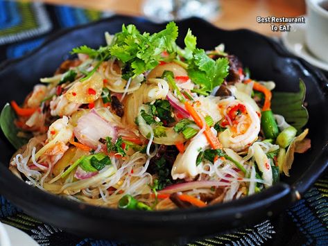 Yam Woon Sen, Thai Glass Noodle Salad, Thai Mango Salad, Glass Noodle Salad, Green Curry Chicken, Palm Garden, Food And Restaurant, Steamed Fish, Glass Noodles