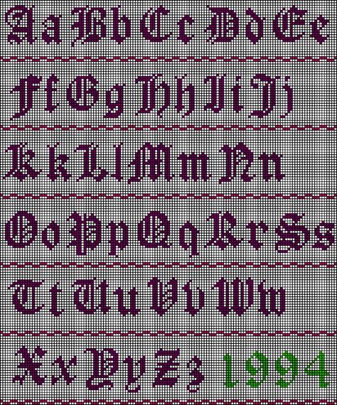 Old English Alphabet Stitch Chart Old English Alphabet, Plastic Canvas Letters, Crochet Alphabet, Old English Letters, Cross Stitch Alphabet Patterns, Cross Stitch Fonts, Alfabet Letters, Canvas Letters, Cross Stitch Letters