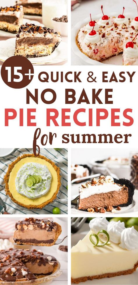 The ultimate collection of tried & tested family favorite no bake pie recipes. These no bake pie recipes are so quick & easy to make. No bake pies with graham cracker crust | Summer pie recipes Easy No Bake Dinner Recipes, Easy Dessert Pie, Easy Pies For Bake Sale, Easy Pie Recipes No Bake Graham Cracker Crust, Easy Homemade Pie Recipes, No Bake Pie Recipes Easy, Quick Easy Pie Recipes, Easy Pies To Make Simple, Easy Summer Pies Recipes