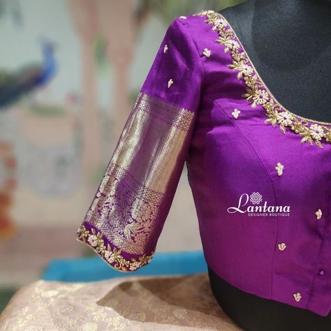 Elegance in Purple Embroidered perfection Purple blouse featuring intricate floral embroidery along the neckline &sleeves .Designed with Elegant tassels💜 @lantanaboutiquebangalore Marathahalli, Bangalore #fashion #purple #blousedesigns #embroiderydesign #neckline #sleeves #floralembroidery #tassels #bridalwarecollection #bridalembroidery #bridesofindia #bridesofinstagram #trending #new #posts #post #instapost #saree Normal Simple Blouse Design, Elegant Silk Blouse Designs, Latest Simple Maggam Work Designs For Blouses, Purple Blouse Maggam Work, Purple Saree Blouse Designs, Purple Maggam Work Blouse Designs, Trendy Front Neck Blouse Designs, Blouse Latest Designs Fashion Trends, Purple Blouse Designs For Saree