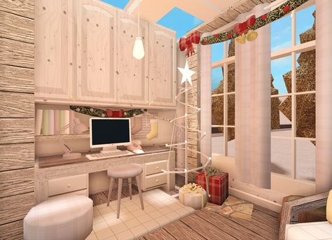 Insta @_bloxburg_builds__ Cute Office Ideas Bloxburg, Bloxburg Kitchen Ideas Aesthetic Christmas, Bloxburg Winter Interior, Winter House Ideas Bloxburg, Christmas Decor Bloxburg, Christmas Room Bloxburg, Christmas Bloxburg Bedroom, Christmas Bloxburg House Interior, Bloxburg Christmas House Interior