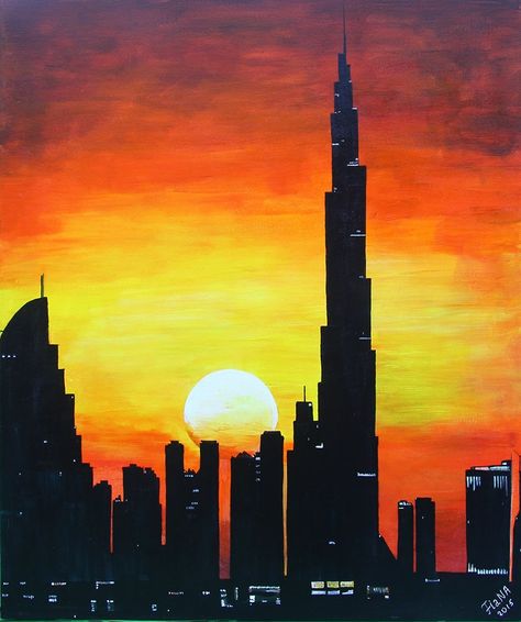 Sunset Building Painting, Uae Painting Ideas, Uae National Day Painting, Dubai Painting Art, Uae Painting, Uae Drawing, Dubai Painting, Cityscape Drawing, The Eternals