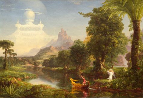 thomas cole, 1842 | oil on canvas | 134.3x194.9 | despite the huge success of his american views cole could never rid himself of the old belief in the supremacy of content in art | his four-part series the voyage of life, for example, traces the journey of an intrepid hero along the river of life, reaching his apotheosis as his battered vessel comes to rest in the sea | national gallery of art, washington dc Art Thomas, Hudson River School, History Painting, Rene Magritte, American Painting, National Gallery Of Art, Classical Art, Art Movement, American Art