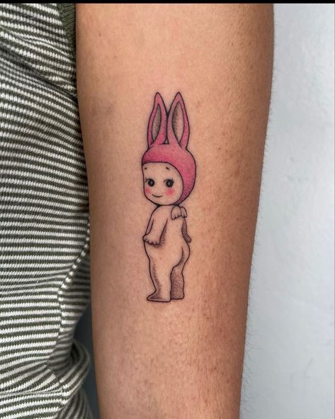 Sunny Angel Tattoo, Sony Angel Tattoo, Bunny Flash Tattoo, Sonny Angel Drawing, Sonny Angel Tattoo, Kewpie Tattoo, Beginner Tattoos, Pink Tattoo, Tattoo Shading