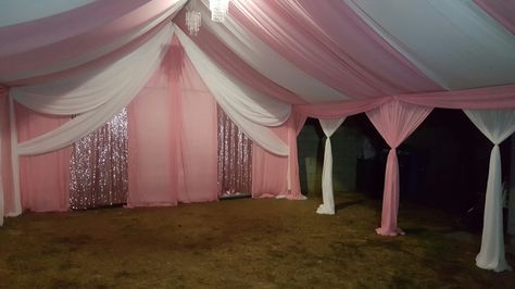 Canopy  draping Canopy Party Decorations Tent, Canopy Draping Party, Party Tent Decorations Birthday, Party Tent Decorations, Canopy Draping, Light Pink Quinceanera Dresses, Sweet Sixteen Party Themes, Baptism Decorations Girl, Pink Tent