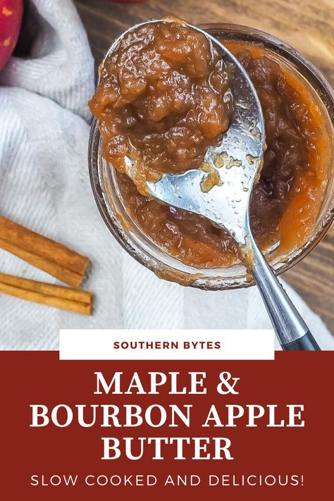 Slow Cooker Maple & Bourbon Apple Butter is such a wonderful - and easy - way to enjoy apples. Just prep the apples and let your slow cooker do all the work. While it cooks, your house will fill up with all of the beautiful aromas of Fall - apples, cinnamon, maple, and bourbon. Cook Apples, Fruit Butter, Apple Butter Recipe, Golden Delicious Apple, Apples Cinnamon, Maple Bourbon, Canning Jam, Cold Weather Food, Condiment Recipes