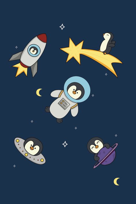 Space Penguin, Stars Drawings, Penguin Poster, Alien Birthday, Space Unicorn, Bedroom Mural, Penguin Illustration, Penguin Cartoon, Star Space