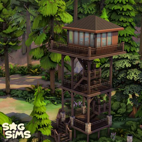 Forest Watch Tower, The Forest Game Base Ideas, Sims 4 Forest Cabin, Sims 4 Granite Falls Build, Granite Falls Sims 4, Sims Cabin, Sims 4 Forest, Sims4 Lookbook, Ts4 Lots