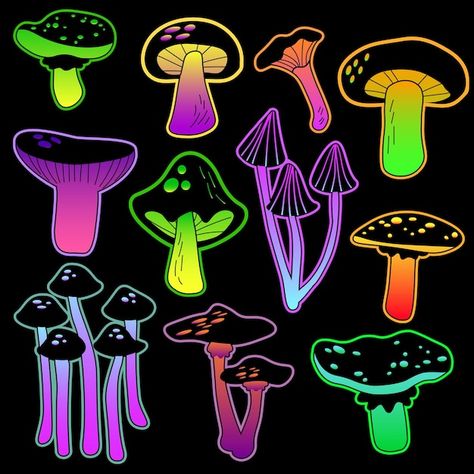 Neon Mushroom Art, Neon Mushroom Painting, Magic Mushroom Illustration, Drippy Mushroom, Psychadelic Mushroom, Mushroom Garden Art, Neon Drawings, Magic Mushroom Art, Gothic Rainbow