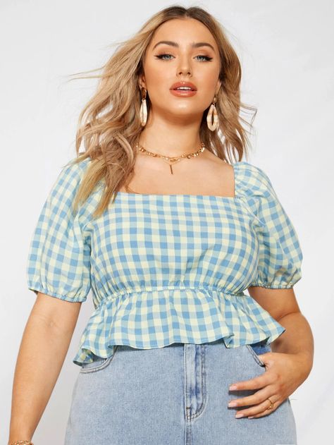 Checkered Crop Top, Outfits Gorditas, Corduroy Overall Dress, Smock Blouse, Square Neck Top, Collar Blouse, Overall Dress, Plus Size Blouses, Plus Size Tops