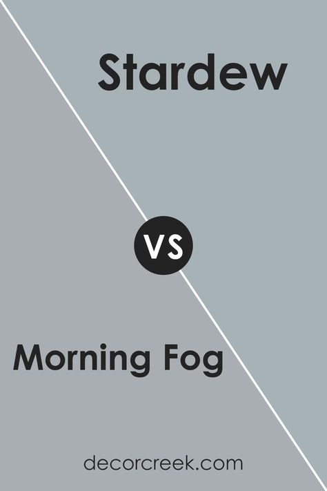 Morning Fog and Stardew by Sherwin Williams offer distinct atmospheric qualities. Morning Fog, a cooler, lighter gray, evokes the ethereal essence of early morning mists, perfect for tranquil spaces. Stardew, warmer and muted, creates a cozy backdrop, ideal for inviting environments. Despite differences, both blend seamlessly with decor styles, offering sophistication and tranquility. Morning Fog Sherwin Williams, Ethereal Essence, Entry Wall, Young House, Morning Fog, Trim Color, Coordinating Colors, Sherwin Williams, Paint Color