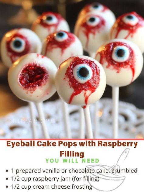 Cake Pops With Filling, Filled Cake Pops, Eyeball Food, Eyeball Cake Pops, Eyeball Cake, Halloween Deserts, Halloween Buffet, Halloween Cake Pops, Raspberry Filling