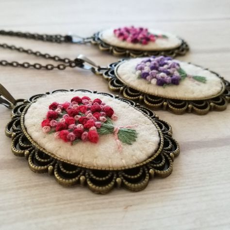 Embroidered flower bouquet necklaces again in my Etsy shop DusiCrafts Jewelry Basic, Bouquet Pendant, Felt Pendant, Embroidered Bouquet, Hand Embroidered Necklace, Purple Pendant Necklace, Embroidered Pendant, Embroidery Necklace, Embroidered Jewelry