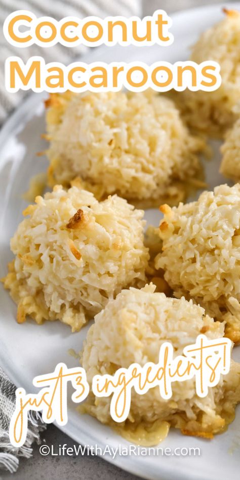 Easy 3-ingredient coconut macaroons—just mix, bake, and enjoy these chewy, golden treats perfect for any occasion! This recipe uses just sweetened condensed milk, coconut, and vanilla to make delicious cookies. via @aylarianne 3 Ingredient Coconut Macaroons, Sweetened Condensed Milk Desserts, Caramel Rice Krispies, Condensed Milk Recipes Easy, Macaroons Easy, Coconut Sweetened Condensed Milk, Coconut Condensed Milk, Condensed Milk Desserts, Coconut Sheet Cakes