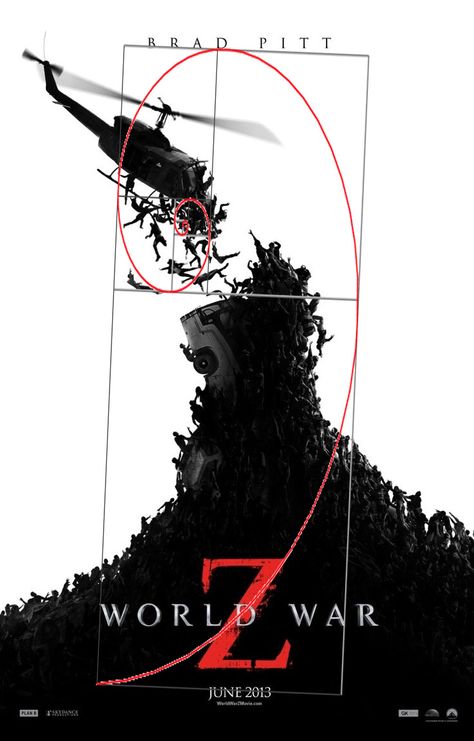 World War Z poster with golden ratio! :) Golden Ratio Graphic Design, Golden Ratio Examples, Golden Ratio Art, Rule Of Three, Golden Spiral, Fibonacci Spiral, Elements And Principles, Fashion Illustration Sketches Dresses, Design Basics