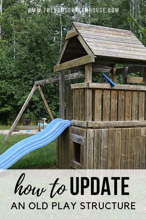 Check out this amazing swing set makeover! If you have an old and weathered wood swing set, you can use these easy steps to give your swing set a new life. This play structure makeover is easy, inexpensive, and makes a huge impact. #swingset #swingsetmakeover #playstructuremakeover Diy Wooden Swingsets, Update Swingset, Wood Playground Makeover, Backyard Playset Makeover, Old Swingset Makeover, Wooden Swingset Remodel, Wooden Play Set Makeover, Old Playground Makeover, Playhouse Swingset Makeover