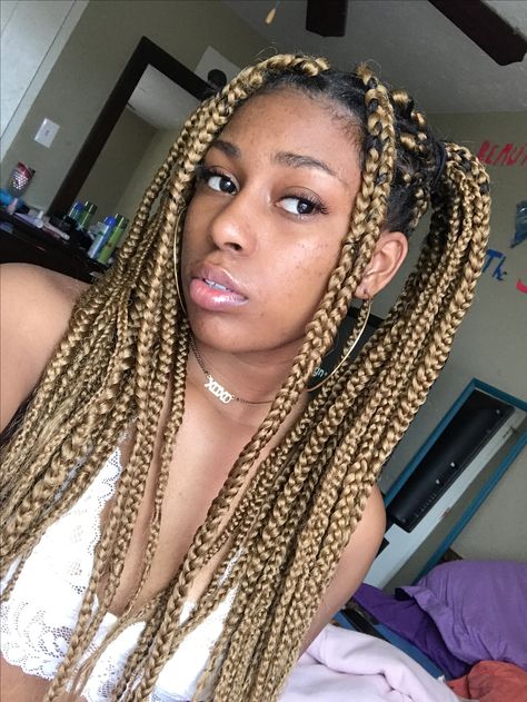 Pigtail -Box braids #honeyblonde Black Braid Pigtails, Pigtails Braids Black Women, Pigtail Box Braids, Pigtail Braids With Extensions, Half Up Half Down Pigtails Braids, Braid Pigtails Black Women, Pigtails Box Braids, Box Braids Pigtails, Box Braid Pigtails