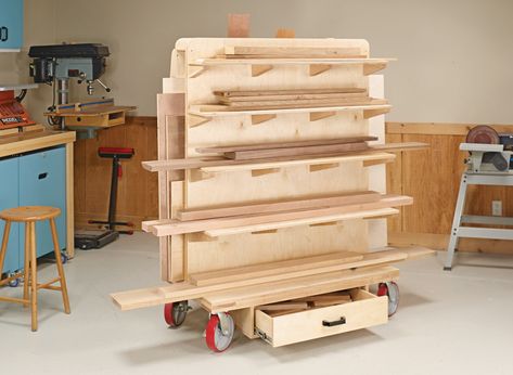 ShopNotes Podcast 075 — Scrap Management: Woodworking podcast on storing lumber. Woodsmith Plans, Lumber Rack, Table Saw Stand, Drill Press Table, Lumber Storage, Wood Crafting Tools, Woodworking Project Plans, Storage Cart, Work Bench