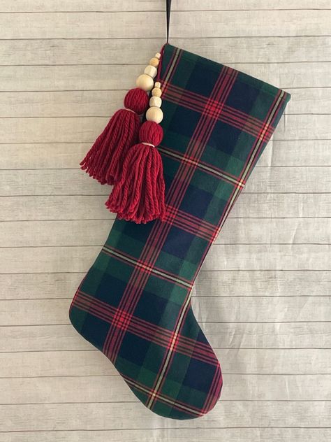 Boho Christmas Stocking, Eco Friendly Christmas Decorations, Sew Christmas, Tassels Tutorials, Plaid Christmas Stockings, Blue Stockings, Diy Stockings, Plaid Christmas Decor, Christmas Boots