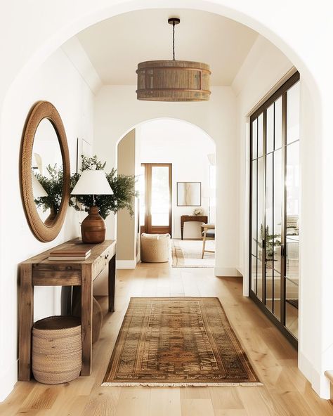 Isn't this hallway the stuff that monochrome dreams are made of? I love the warm earth tones spread throughout this organic modern space.… | Instagram Earth Tone Hallway, Organic Modern Entry, Organic Modern Hallway, Earth Decor, Decor Hallway, Modern Entry, Modern Hallway, Lobby Design, Cozy Living Rooms