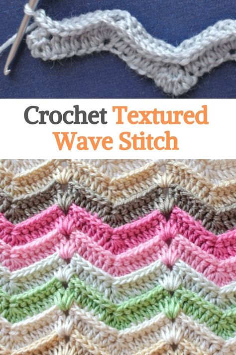 Textured Ripple Crochet Pattern, Ridged Ripple Crochet Pattern Free, Wave Stitch Crochet Blanket, Raised Textured Crochet Stitches, Wave Crochet Stitch, Wave Stitch Crochet, Ripple Stitch Crochet, Crochet Blanket Stitches, Modern Haken