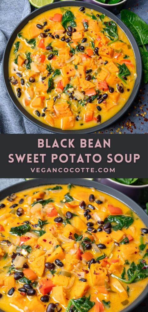 Black Bean and Sweet Potato Soup Healthy Soup With Sweet Potatoes, Vegan Gluten Free Soups And Stews, Fall Stew Recipes Vegetarian, Nightshade Free Recipes Dinner, Black Bean Potato Soup, Sweet Potato And Bean Soup, Bean And Sweet Potato Soup, Sweet Potato Meals Vegetarian, Sweet Potato Black Bean Stew