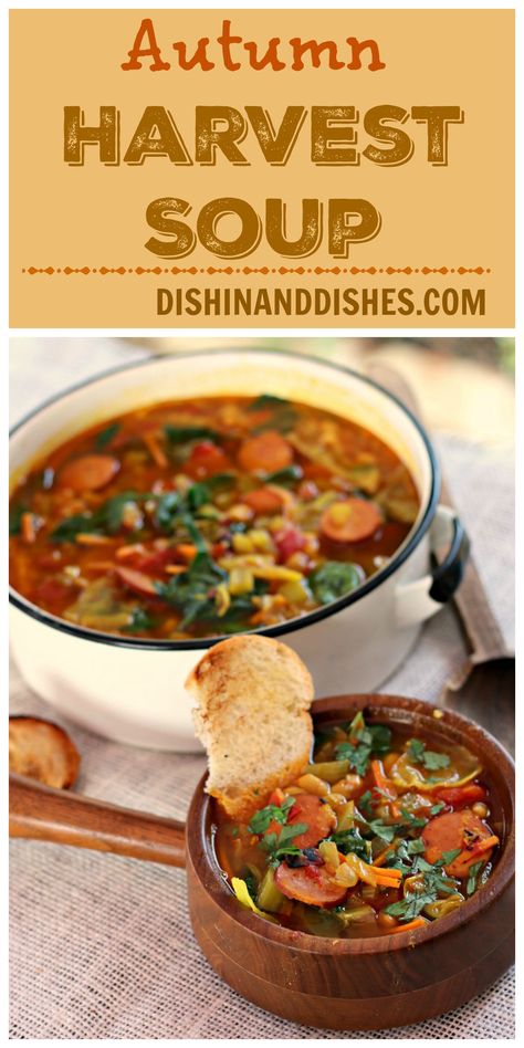 Autumn Harvest Soup | Dishin & Dishes Soups For September, Rustic Autumn Vegetable Soup, Harvest Soup Recipes, Harvest Stew Recipe, Spinach And Beans, Cabbage And Spinach, Soup Recipes Uk, Turkey Kielbasa, Harvest Soup