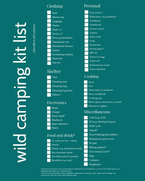 Save for later 💾 I wrote a little wild camping kit list for myself so that I remember what to pack when I go out. Feel free to keep it for yourself or add anything you think I've missed off. It’s what I would take on a one or two night trip in the north of the UK in summer. You may want to adapt it for your own purposes. #girlmossing #girlmoss #womenwhohike #womenwhowander #wildcamp #happycamper #thelakedistrict #kitlist Sleeping Bag Liner, Wild Camp, Wild Camping, Camping Kit, Shelter Tent, Sleeping Mat, When I Go, Girl M, Waterproof Coat