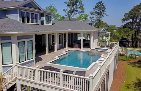 Elevated Swimming Pools: 7 Stunning Designs Built High Off the Ground Deck Ideas With Pool, Elevated Deck Ideas, Raised Beach House, Elevated Pool, Beach House Deck, Beach House With Pool, Elevated Deck, Raised Pools, High Deck