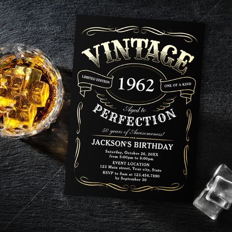 Any Age Vintage Whiskey Themed Birthday Foil Invitation Vintage Aged To Perfection, Olive Martini, Vintage Party Theme, Ivory Wedding Invitations, Surprise Party Invitations, Vintage Whiskey, Surprise Birthday Invitations, Whiskey Label, 80th Birthday Invitations