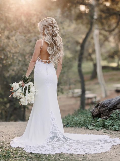 Portfolio - Hairspray Studio Hair Gown, Rustic Wedding Hairstyles, Wedding Hair Half, 2024 Wedding, Outdoor Venues, Remy Hair, Sheath Wedding Dress, Bridal Hair, Rustic Wedding