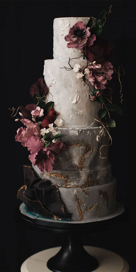 Black ruffled with gold trim Textured wedding cakes are my favorite, there is something charming about it. This cake features chocolate dake with classic... Elegant Black Wedding Cake, Wedding Cake Dark Academia, Dark Wedding Cake Aesthetic, Dark Themed Wedding Cake, Fantasy Wedding Cake Ideas, Dark Floral Wedding Cake, Moody Jewel Tone Wedding Cake, Grunge Wedding Cake, Wedding Cakes Gothic