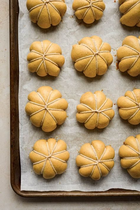 Soft and Fluffy Pumpkin Shaped Dinner Rolls - Curly Girl Kitchen Bread Shaped Like A Pumpkin, Rhodes Pumpkin Shaped Rolls, Pumpkin Shape Rolls, Rolls Shaped Like Pumpkins, Pumpkin Shaped Rolls Easy, Pumpkin Shaped Biscuits, Bread Shaped Like Pumpkins, Pumpkin Shaped Bread Rolls, Bread Turkey Shape