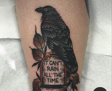 The Crow Tattoo Design, Horror Movie Quotes Tattoos, Spooky Calf Tattoo, The Crow Tattoo Ideas, Traditional Tattoos Horror, The Crow Tattoo Movie, Crow Tattoo Traditional, Trad Goth Tattoo, Crow Movie Tattoo