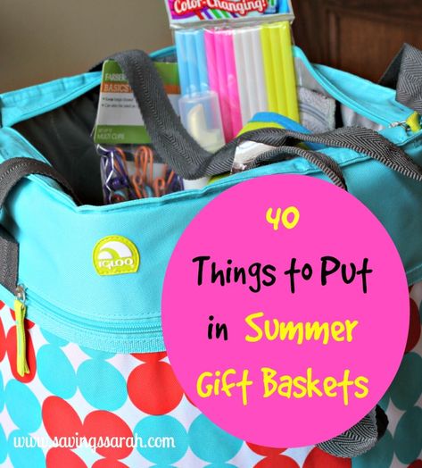 40 Things to Put in Summer Gift Baskets - Earning and Saving with Sarah Beach Gift Basket, Summer Gift Baskets, Beach Theme Gifts, Theme Baskets, Pool Gifts, Beach Bag Gift, Auction Basket, Gifts Baskets, Basket Gifts