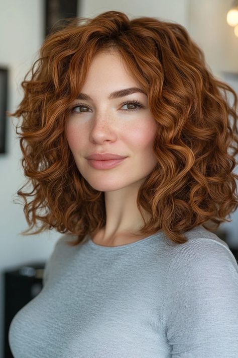 Person with curly red hair smiling, wearing a gray top. Wavy Feathered Hair, Wavy Perm Medium, Curly Layers Medium, Bobs For Curly Hair, Curly Medium Hair, Very Short Hairstyles For Women, Feathered Layered Hairstyles, Short Haircuts For Curly Hair, Very Short Hairstyles